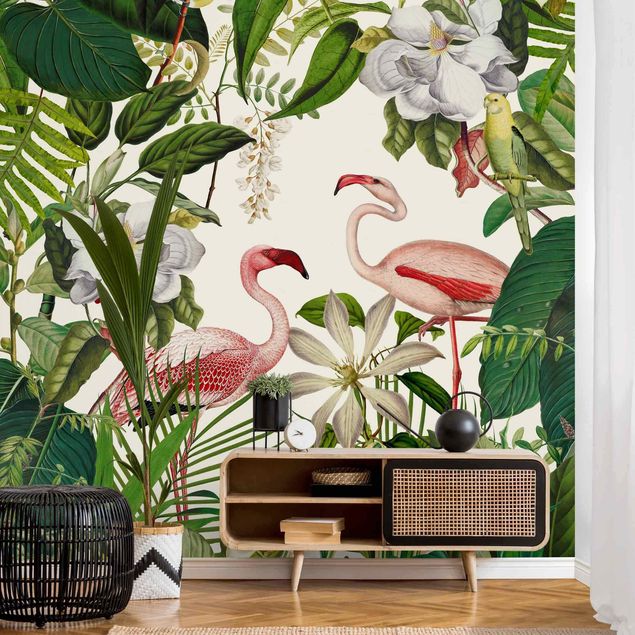 Tapet med fugle Tropical Flamingos With Plants