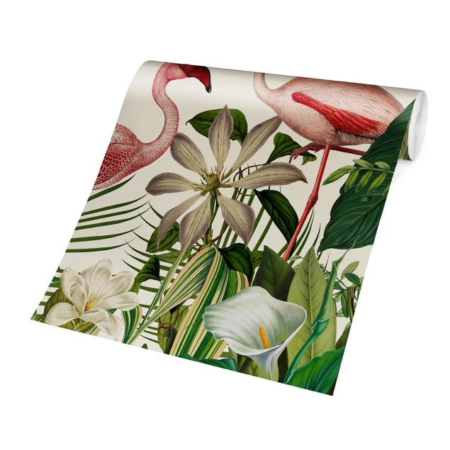 Moderne tapet Tropical Flamingos With Plants