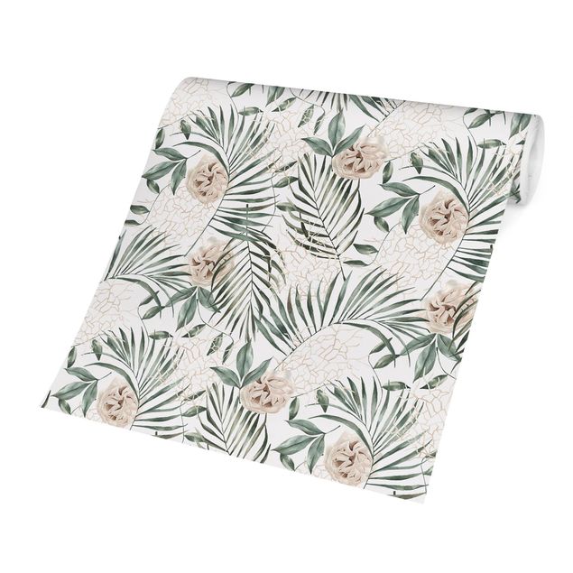 Moderne tapet Tropical Palm Bows With Roses Watercolour