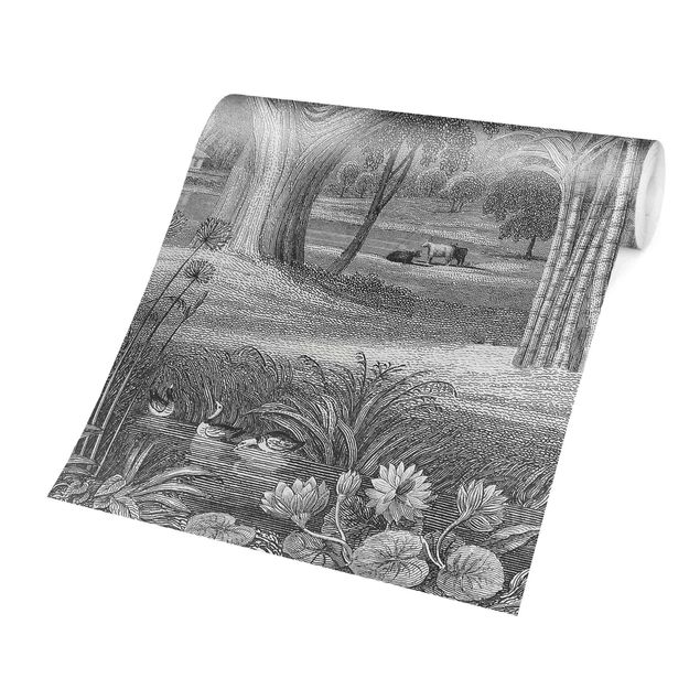Gråt tapet Tropical Copperplate Engraving Garden With Pond In Grey