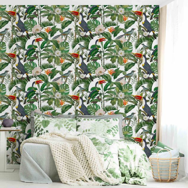 Tapet fugle Tropical Toucan With Monstera And Palm Leaves