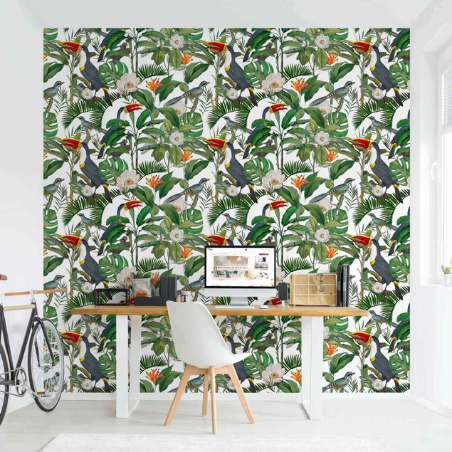 Tapet blomster Tropical Toucan With Monstera And Palm Leaves