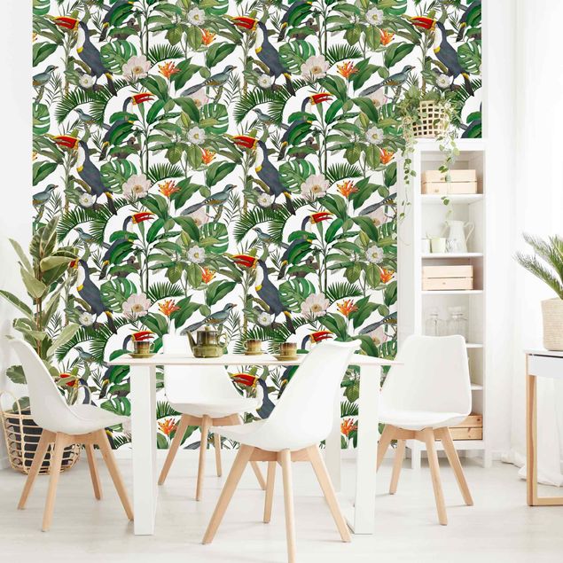 Tapet med mønster Tropical Toucan With Monstera And Palm Leaves