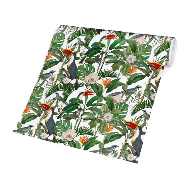 Tapet moderne Tropical Toucan With Monstera And Palm Leaves