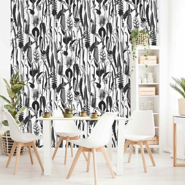 Mønstret tapeter Tropical Luxury Pattern Black And White