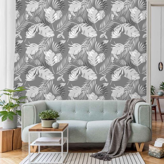 Fototapet blomster Tropical Outlines Pattern In Grey