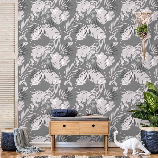 Moderne tapet Tropical Outlines Pattern In Grey