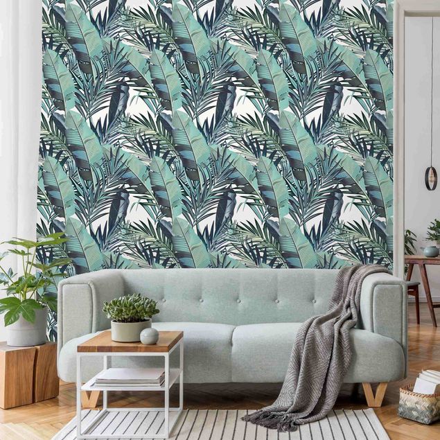Blomster tapet Turquoise Leaves Jungle Pattern