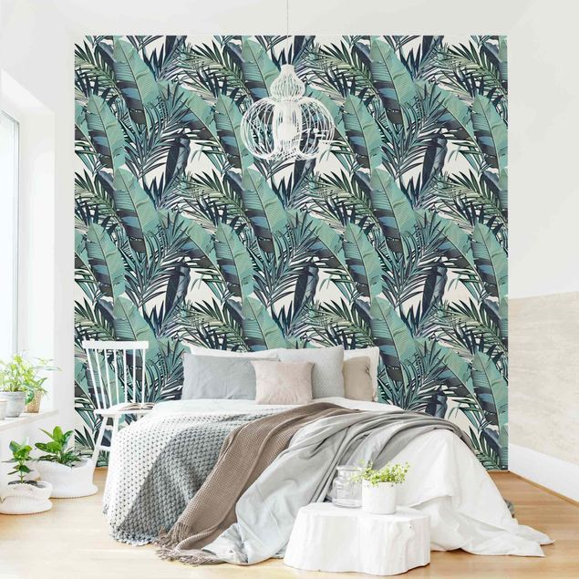 Mønstret tapeter Turquoise Leaves Jungle Pattern