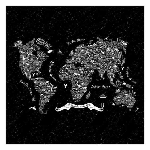 Tapet sort Typography World Map Black