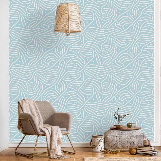 Tapet strimler Playful Pattern With Lines And Dots In Light Blue