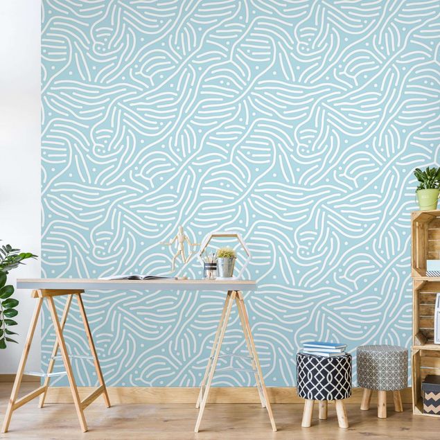 Moderne tapet Playful Pattern With Lines And Dots In Light Blue
