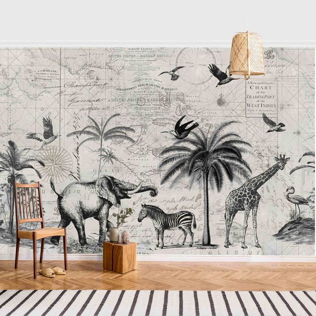 Tapet elefanter Vintage Collage - Exotic Map