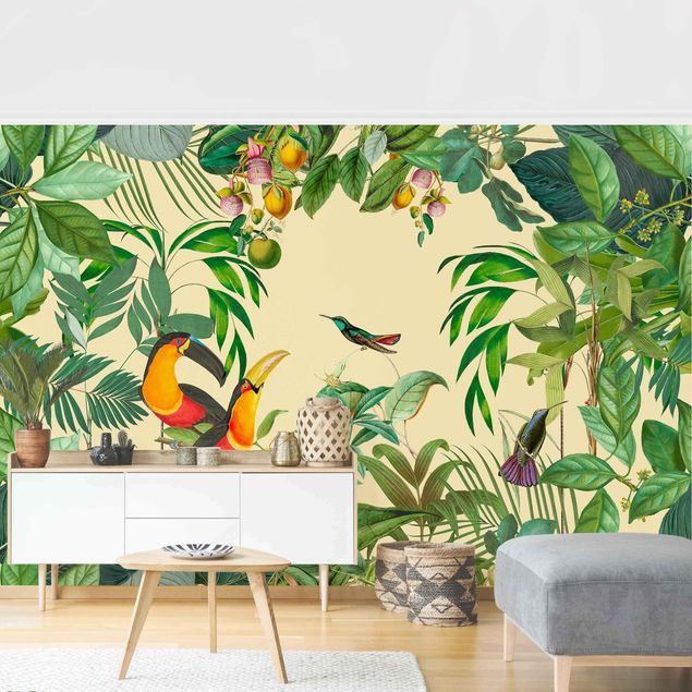 Tapet blomster Vintage collage - birds in the jungle