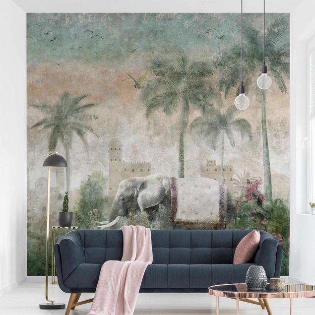 Moderne tapet Vintage Jungle Scene with Elephant