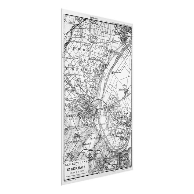 Glasbilleder sort og hvid Vintage Map St Germain Paris