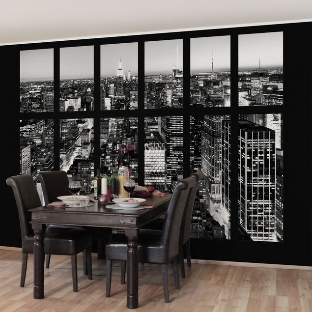 3d tapet Window View Manhattan Skyline In Black And White