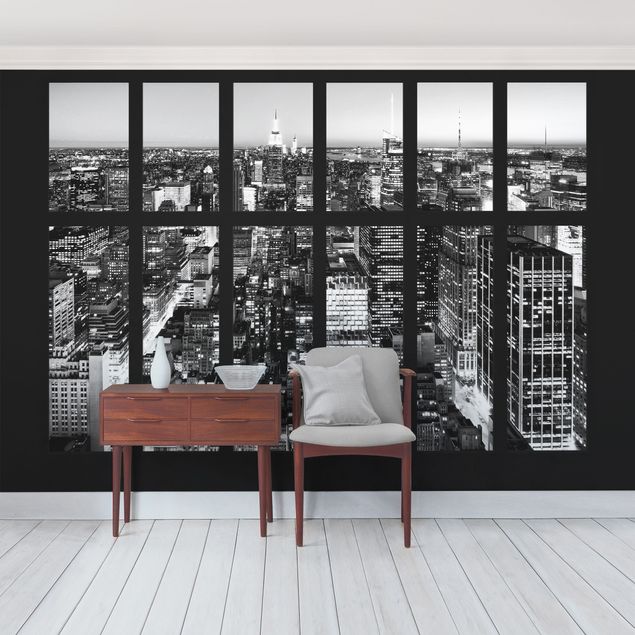 Moderne tapet Window View Manhattan Skyline In Black And White