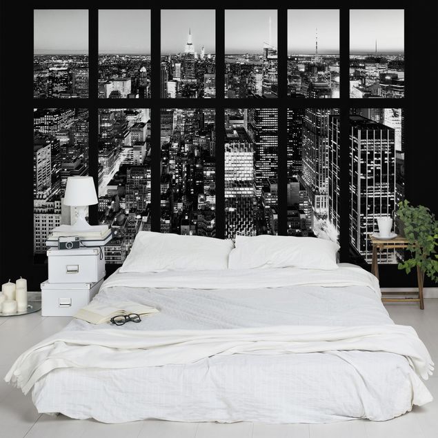 New York tapet  Window View Manhattan Skyline In Black And White
