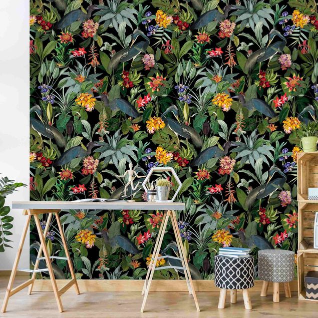 Tapet med fugle Birds With Tropical Flowers