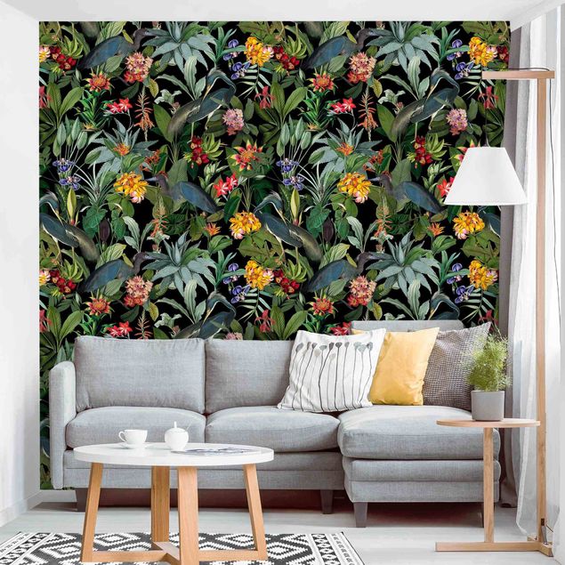 Blomster tapet Birds With Tropical Flowers