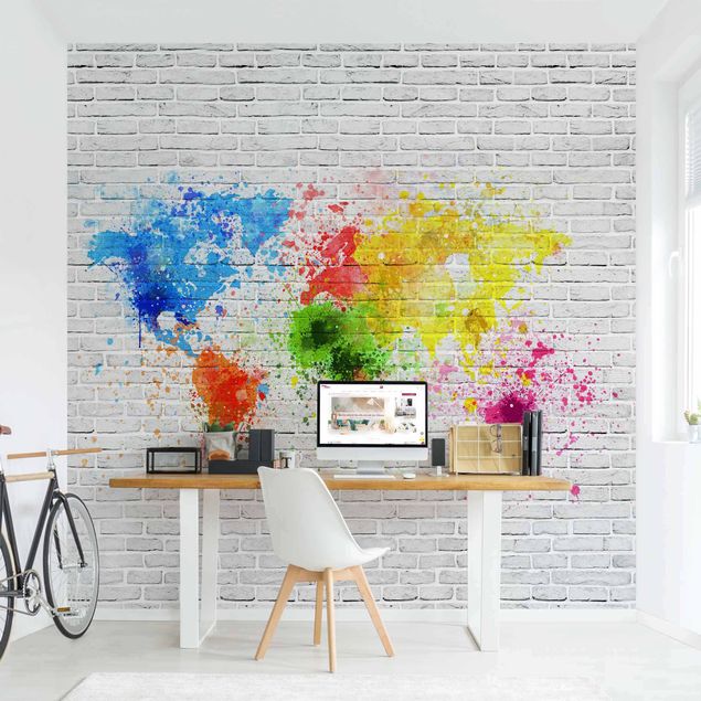 Mursten tapet White Brick Wall World Map