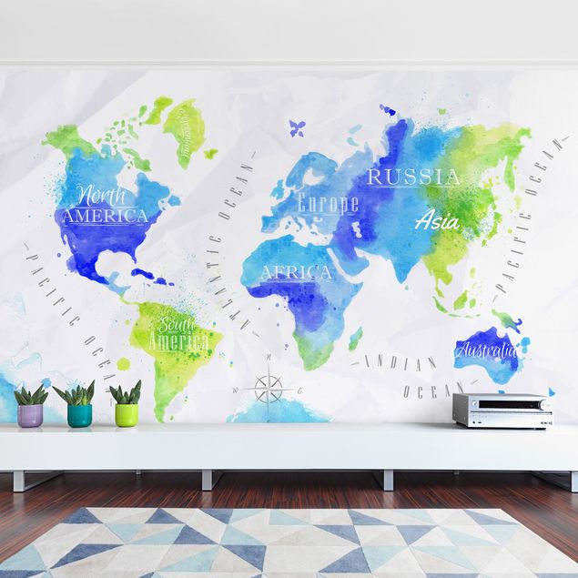 Fototapet verdenskort World Map Watercolour Blue Green