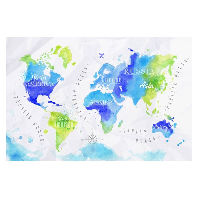 Tapet World Map Watercolour Blue Green