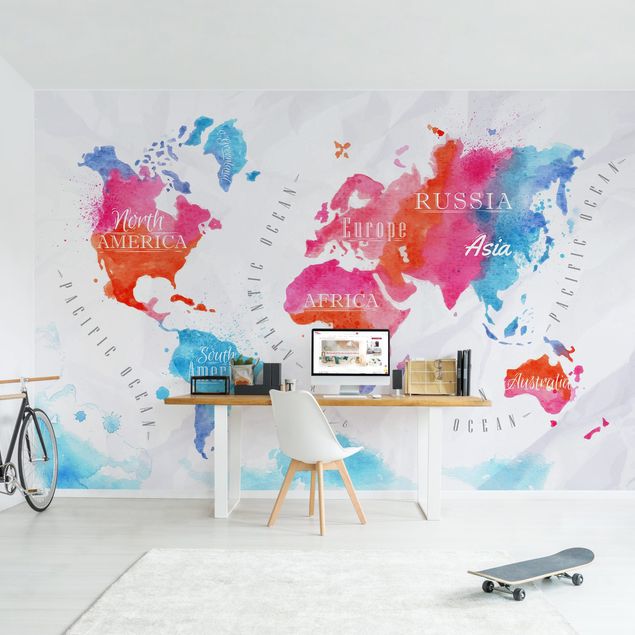 Moderne tapet World Map Watercolour Red Blue