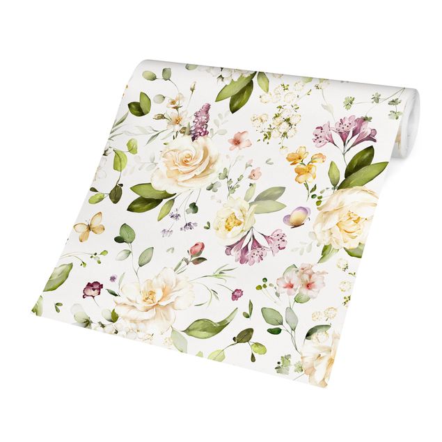Tapet med dyr Wildflowers and White Roses Watercolour Pattern