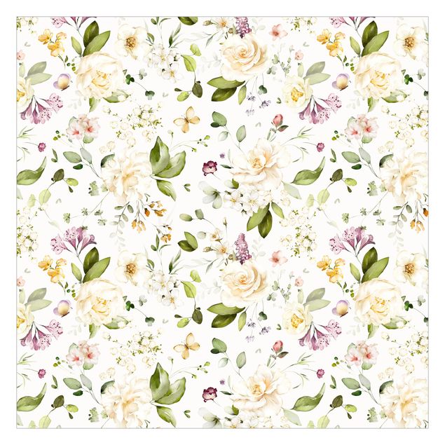Tapet hvid Wildflowers and White Roses Watercolour Pattern