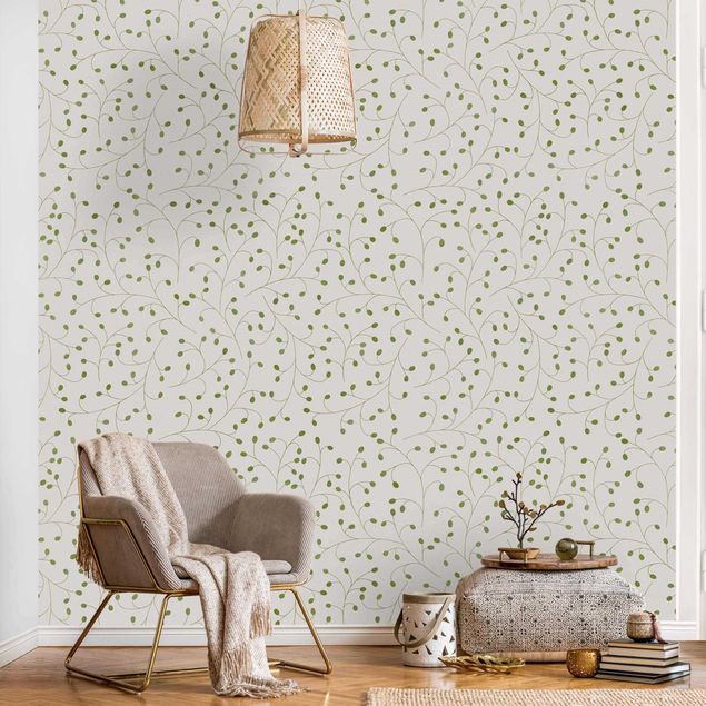 Moderne tapet Delicate Branch Pattern With Dots In Green II