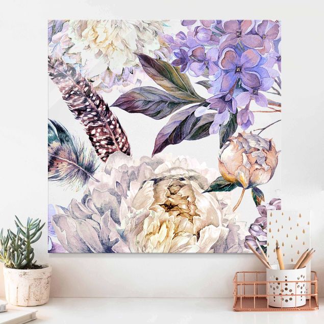 Glasbilleder roser Delicate Watercolour Boho Flowers And Feathers Pattern