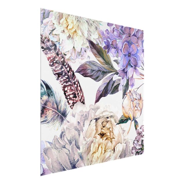 Billeder blomster Delicate Watercolour Boho Flowers And Feathers Pattern