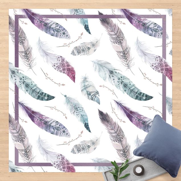 Udendørs tæpper Boho Watercolour Feathers In Aubergine And Petrol Colour With Frame