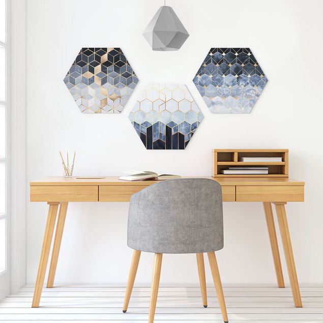 Billeder kunsttryk Blue White Golden Hexagons Set