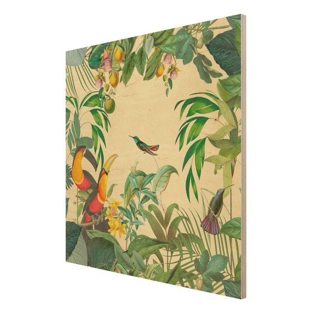 Prints på træ vintage Vintage Collage - Birds In The Jungle