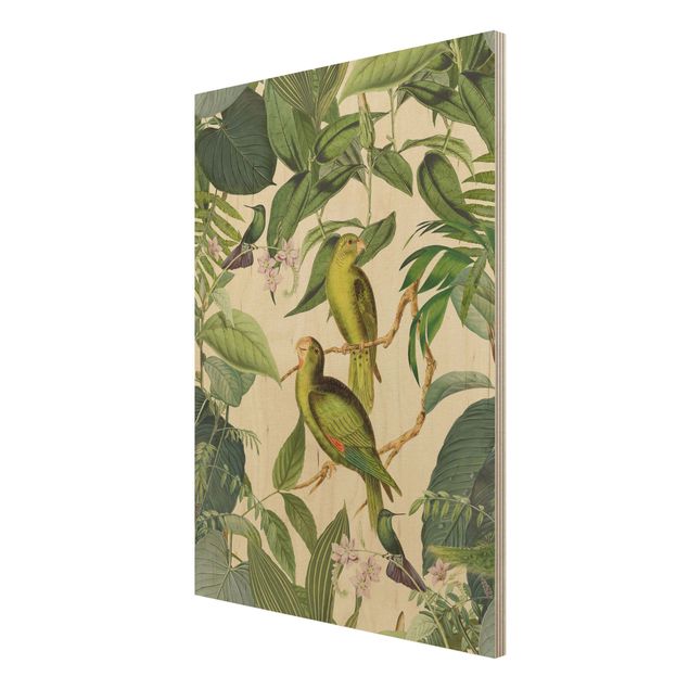 Prints på træ vintage Vintage Collage - Parrots In The Jungle