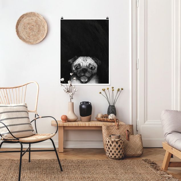 Plakater sort og hvid Illustration Dog Pug Painting On Black And White