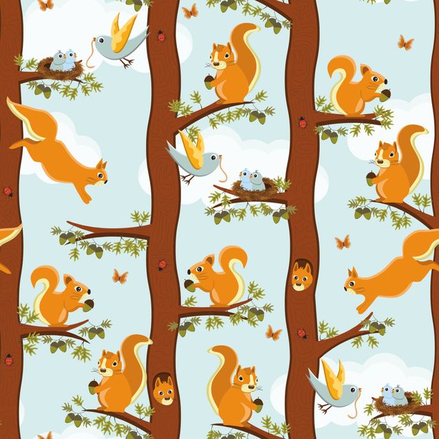 Selvklæbende folier Cute Kids Pattern With Squirrels And Baby Birds