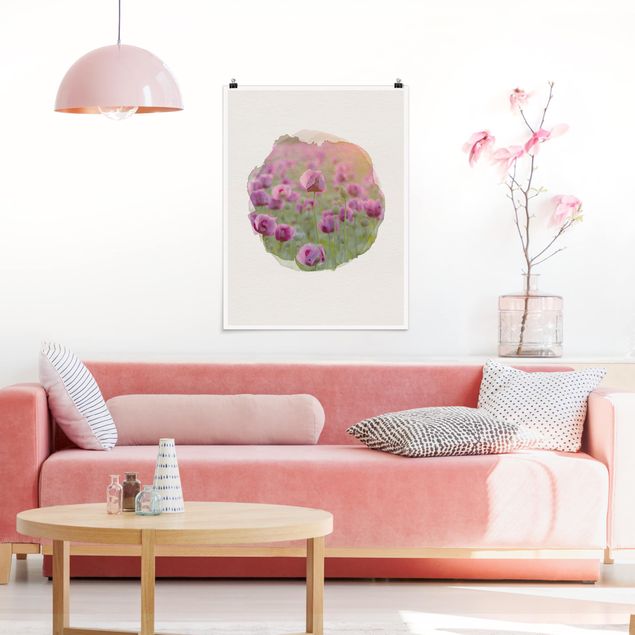 Plakater blomster WaterColours - Violet Poppy Flowers Meadow In Spring