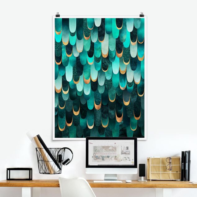 Plakater kunsttryk Feathers Gold Turquoise