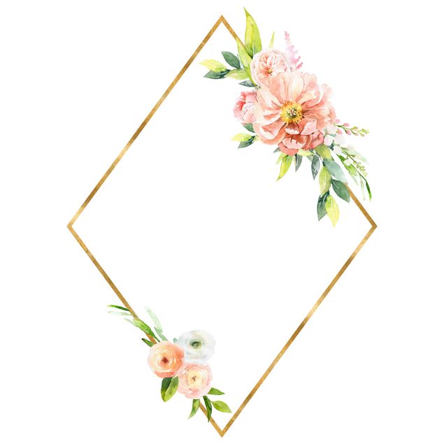 Wallstickers blomster Watercolour Pink Flowers Gold Frame XXL