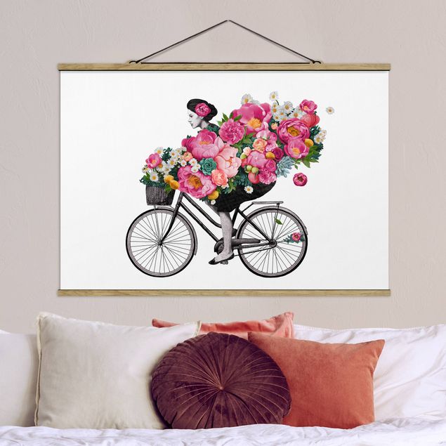køkken dekorationer Illustration Woman On Bicycle Collage Colourful Flowers