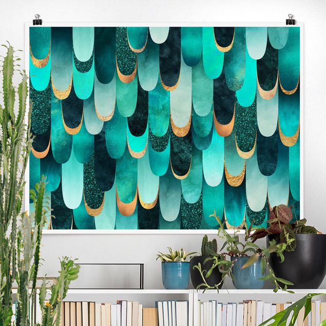 Plakater kunsttryk Feathers Gold Turquoise