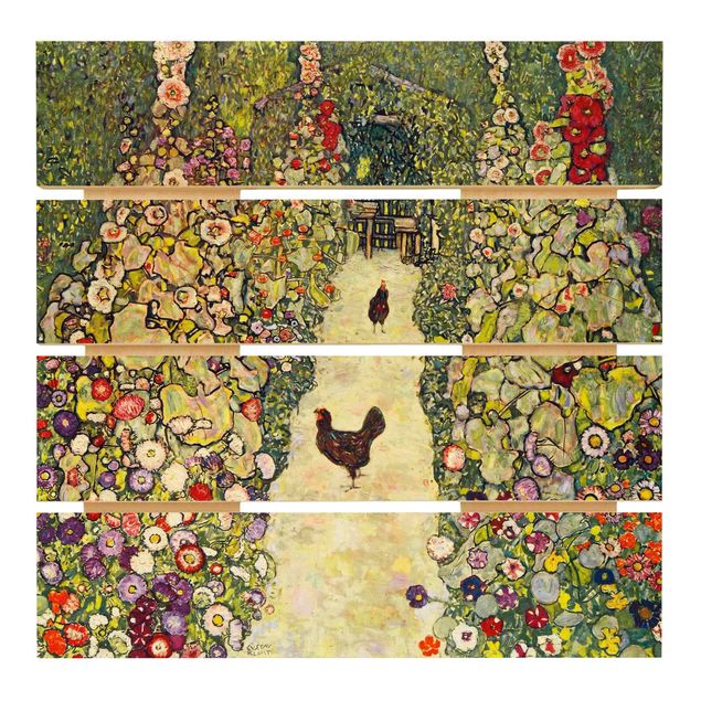 Prints på træ blomster Gustav Klimt - Garden Path with Hens