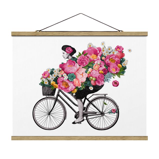 Billeder kunsttryk Illustration Woman On Bicycle Collage Colourful Flowers