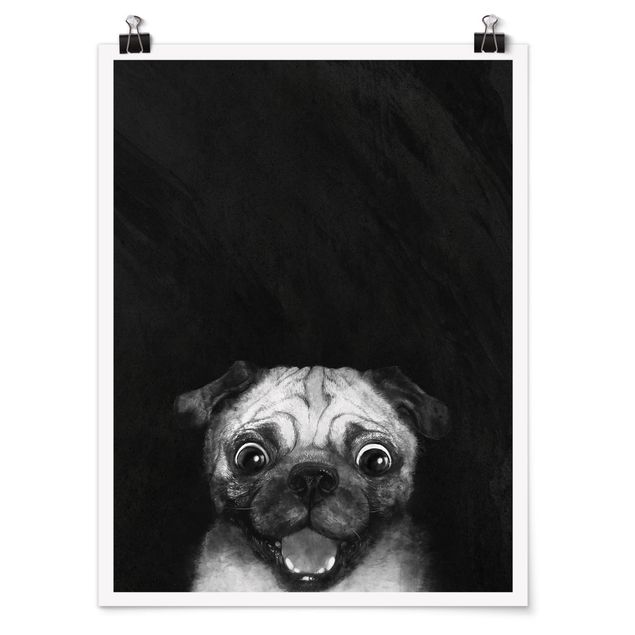 Plakater kunsttryk Illustration Dog Pug Painting On Black And White