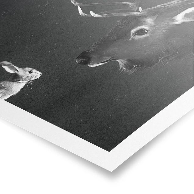 Plakater kunsttryk Illustration Deer And Rabbit Black And White Drawing
