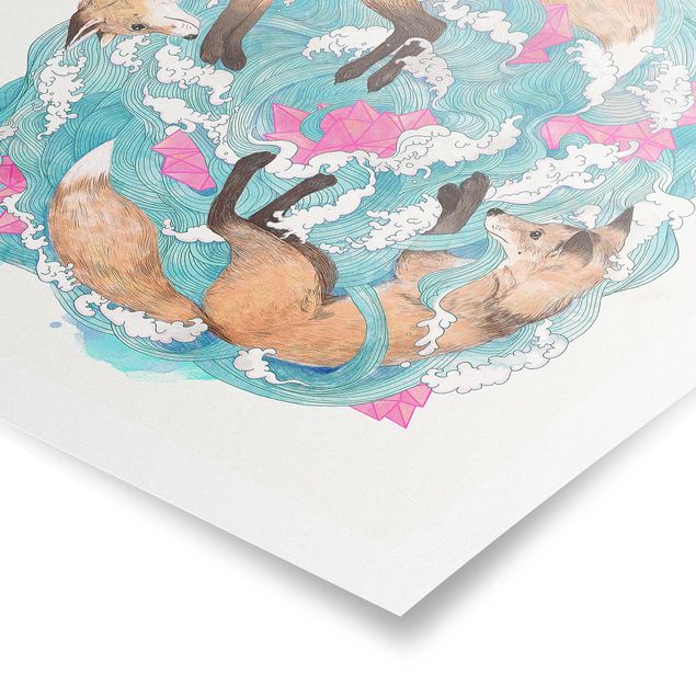 Billeder turkis Illustration Foxes And Waves Painting